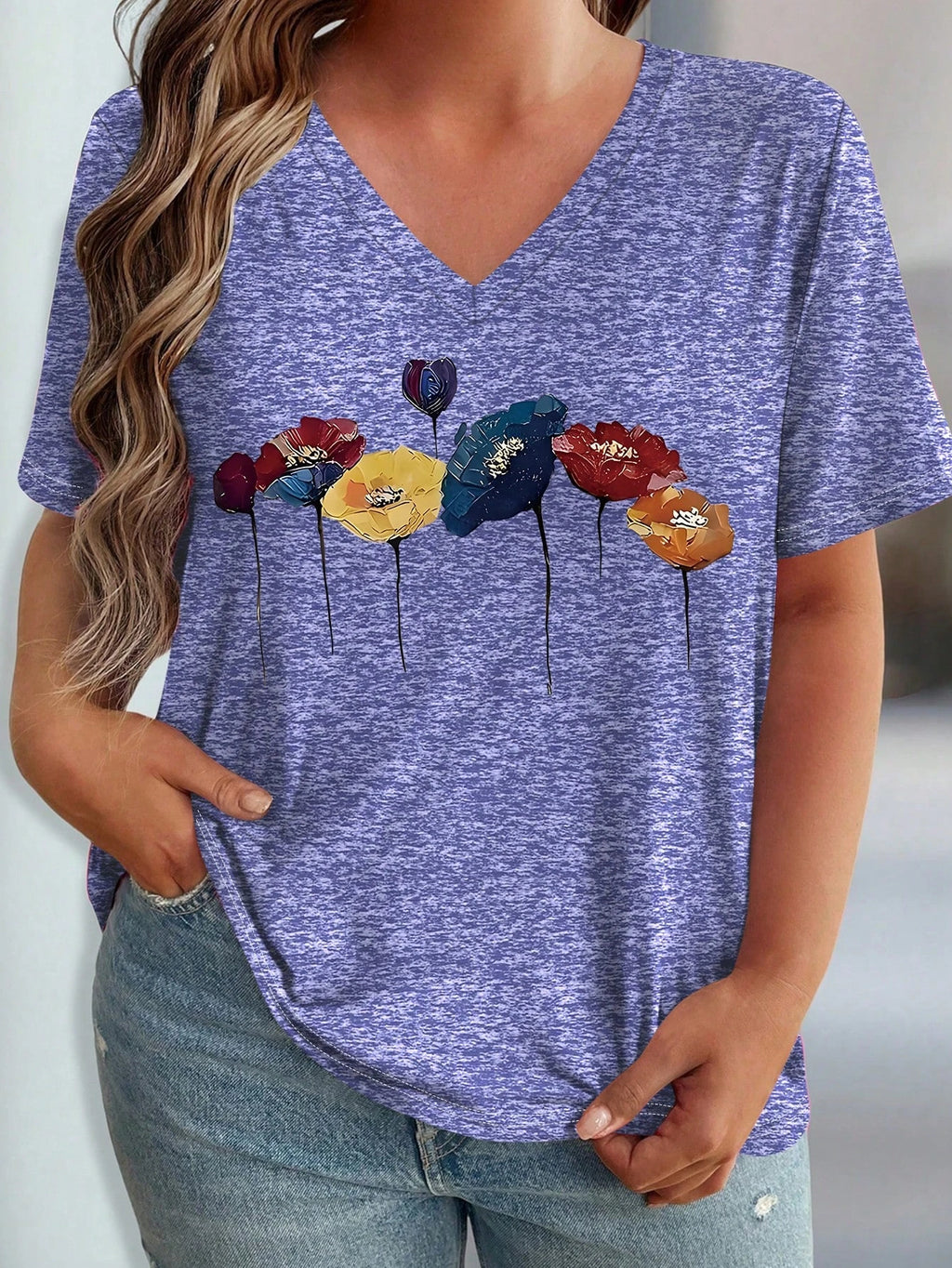 Plus Size Floral Design Pattern Printed T-shirts Summer Fashionable High Quality Short Sleeved Casual Sports V-Neck Pullover Top