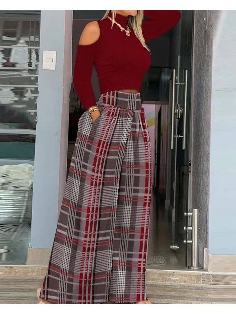 Casual Holiday Outfits For Women Cold Shoulder Top & Plaid Print Wide Leg Pants Set 2025 New High Waist Suits Woman Clothing