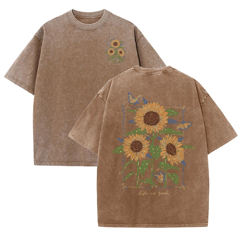 Life Good Beautiful Sunflower Print Washed Plus Size T Shirts Women Soft Cotton T-Shirt Street Short Sleeve Summer Casual Tops
