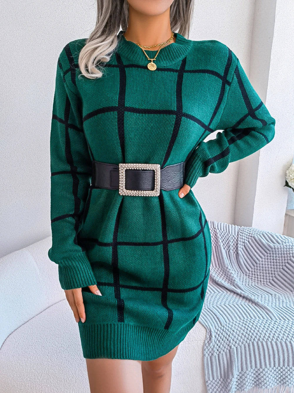 Women Casual Plaid Long Sleeve Knitted Sweater Dress 2026 Autumn Winter Elegant Dress Without The Belt Fashion Woman Clothing