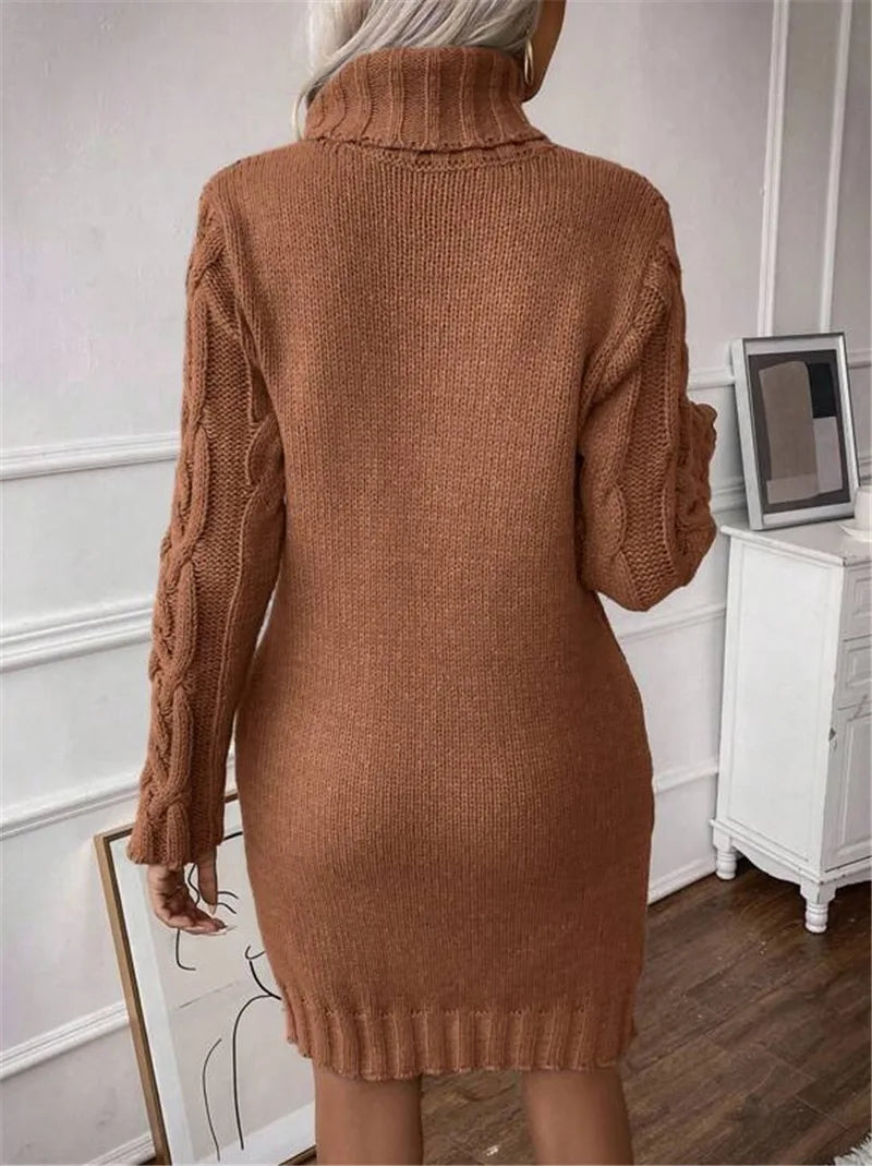 Winter Clothes Woman Pulls Femmes High Neck Vestidos Slim Fit Sweater Knitted Long Sleeve Dress All-match Simple Style Commuting