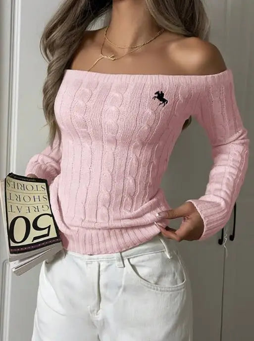 Women's Clothing 2025 Autumn and Winter Fashion Simple Off Shoulder Long Sleeved Sweater Woven with Sexy Tight and Elegant Top