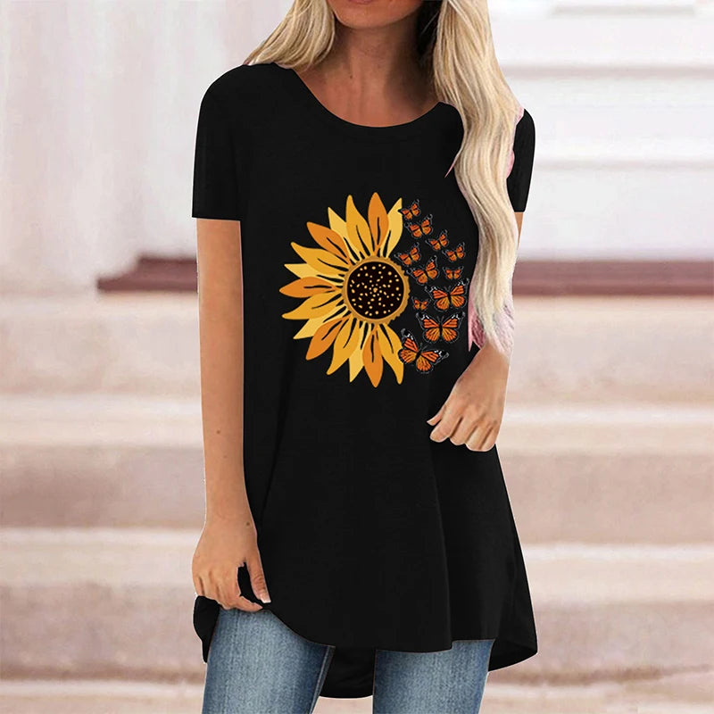 Summer Sunflower Floral 3D Print T-shirt Women Fashion Streetwear Casual O-Neck T Shirts Y2K Tops Tees Female Oversized Clothing