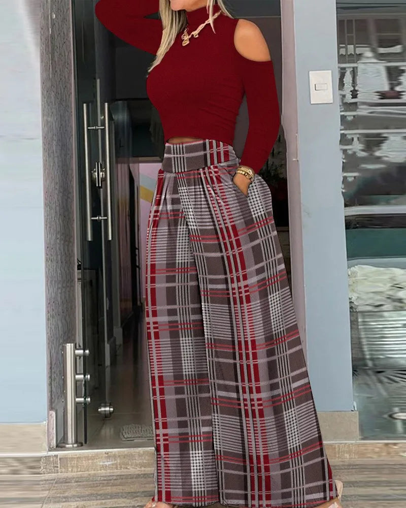 Casual Holiday Outfits For Women Cold Shoulder Top & Plaid Print Wide Leg Pants Set 2025 New High Waist Suits Woman Clothing