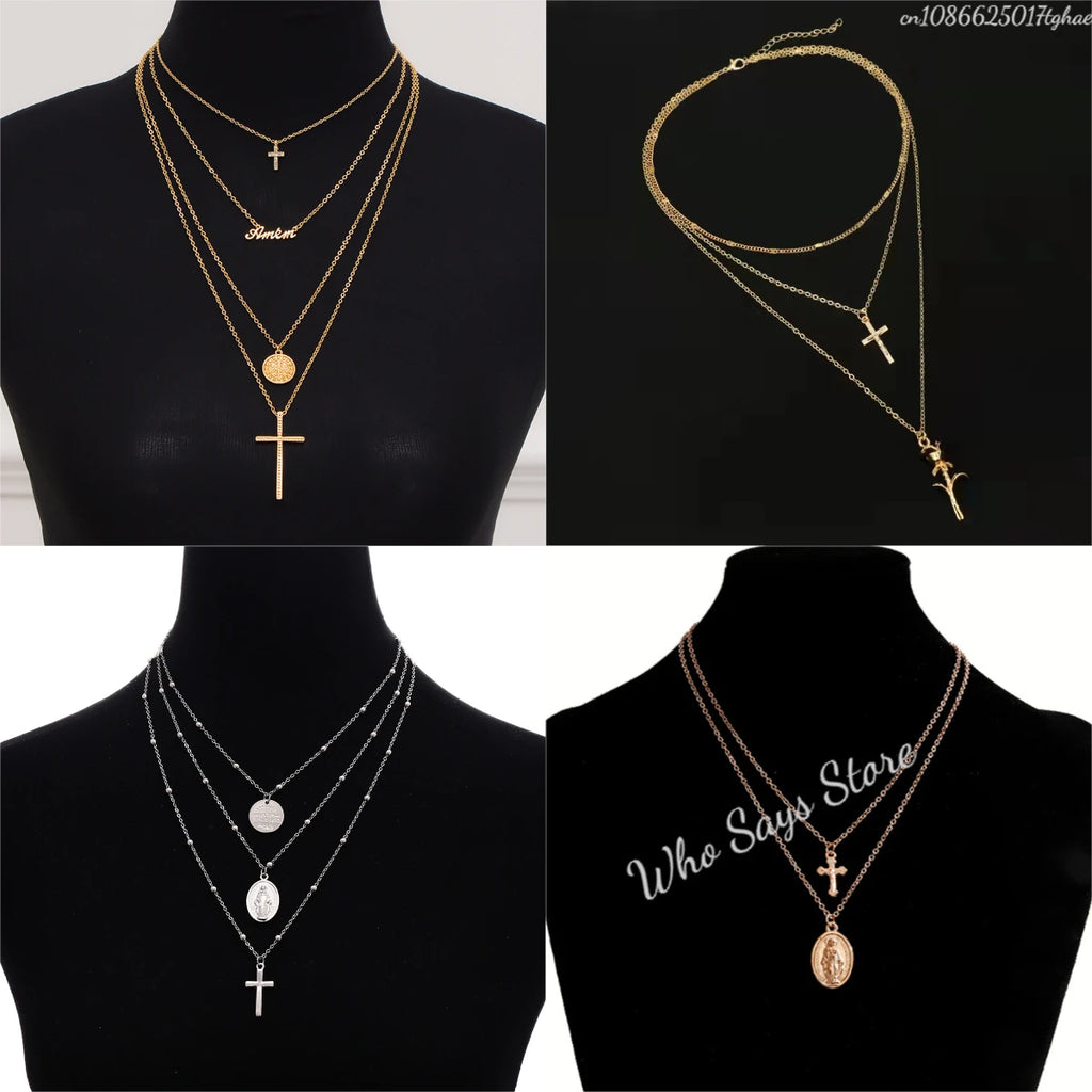 3 Layer Necklace Oval-shaped Virgin Mary Madonna Pendant Jesus Cross Metal Plated Chain Women Gift