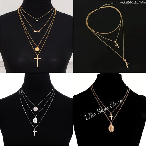 3 Layer Necklace Oval-shaped Virgin Mary Madonna Pendant Jesus Cross Metal Plated Chain Women Gift