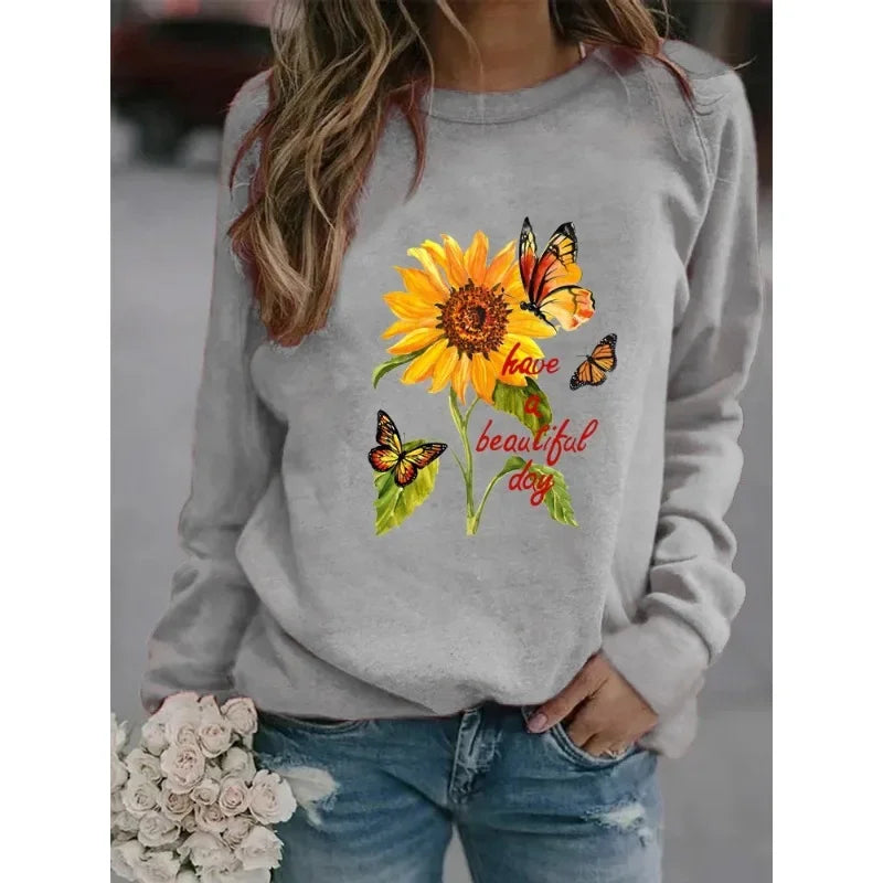 New  Long-sleeved Sunflower Butterfly Print Casual Round Neck Head Round Neck European Hoodie Woman Sweatshirt  Clothes