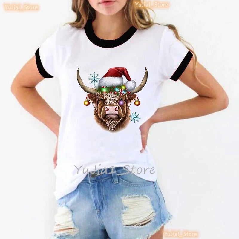 Sunflower Highland Cow Animal Printed T Shirt Women Harajuku Kawaii Clothes Funny Casual Tshirt Femme Short Sleeve T-Shirt
