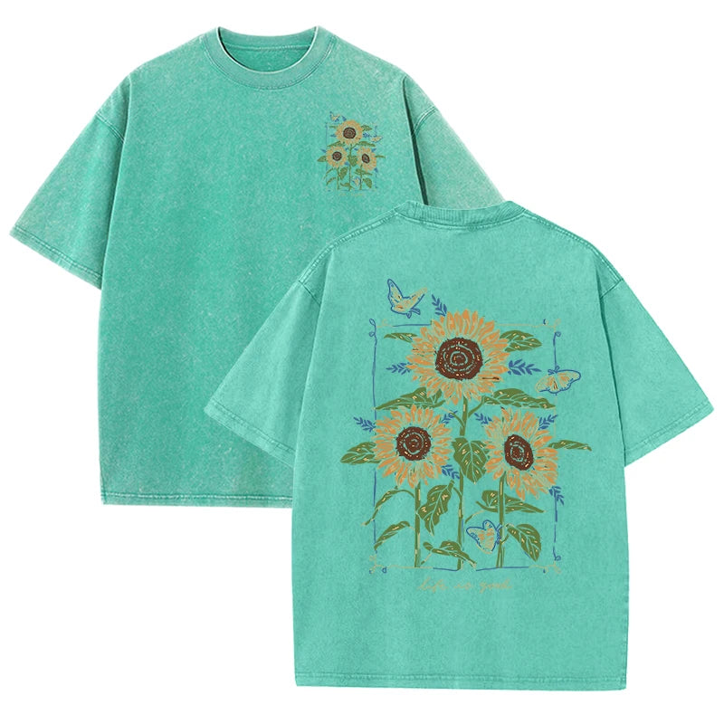 Life Good Beautiful Sunflower Print Washed Plus Size T Shirts Women Soft Cotton T-Shirt Street Short Sleeve Summer Casual Tops