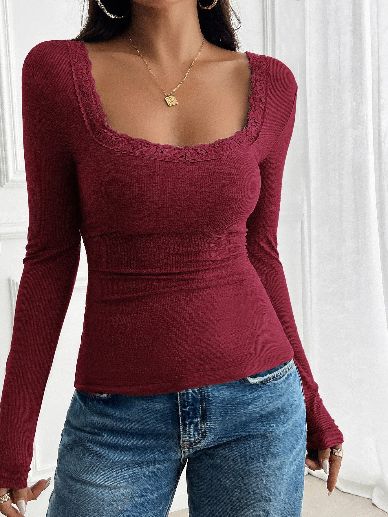 2025 Woman Clothing Top Women T-shirt Tank Top Solid Color Tops Women Y2K Casual Slim Threaded U Neck Lace Long Sleeve T-Shirt