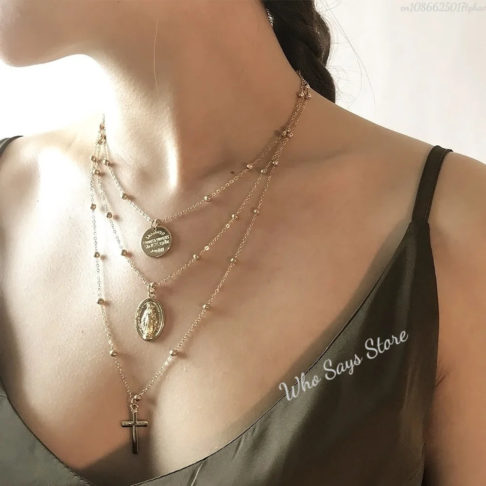 3 Layer Necklace Oval-shaped Virgin Mary Madonna Pendant Jesus Cross Metal Plated Chain Women Gift