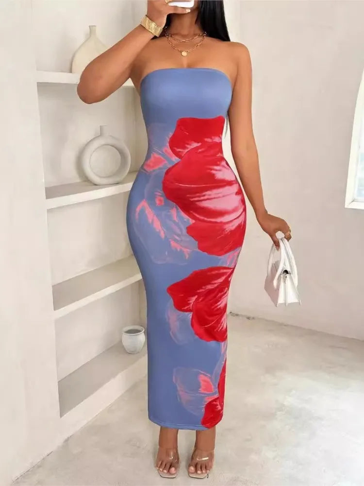 Elegant Fashionable Printed Long Dress New Summer Women's Sexy Slim Fit Chest Wrapped Off Shoulder Casual Dress