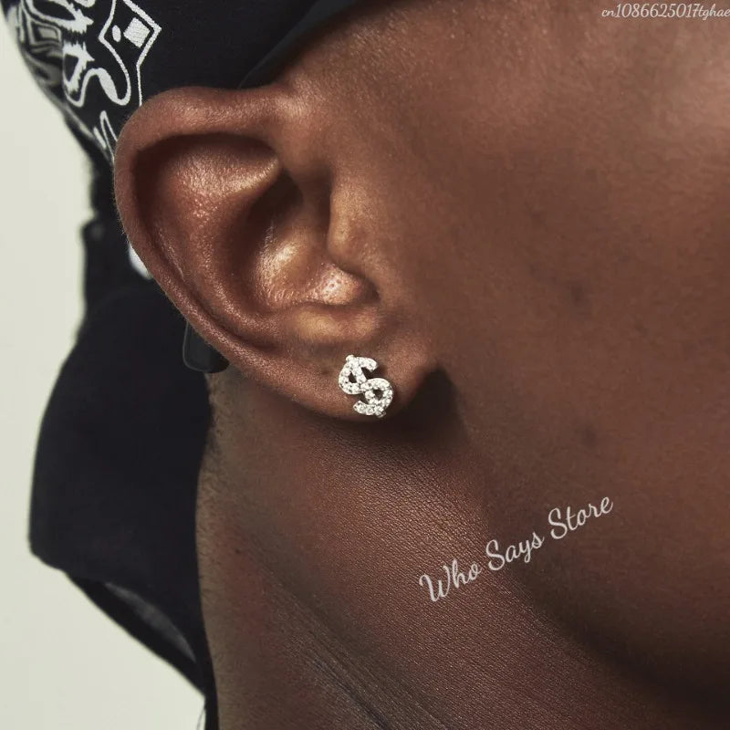 Stainless Steel Earrings Hip Hop Jewelry Stud Earring Iced Out Zircon Dollar Sign Gold Plated Earrings for Women Серьги Женские