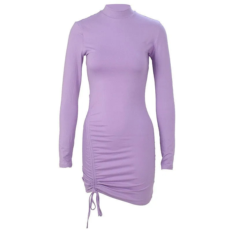 New Dresses 2025 Woman Fashion Summer High-neck Purple Long-sleeved Pleated Tie-up Dress Skirt Women's Clothing