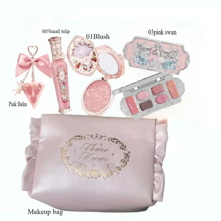 Makeup Set Flower Knows All in One GiftBox Glitter EyeShadow Palette Long Lasting Velvet Lip Cream Matte Blush with Cosmetic Bag