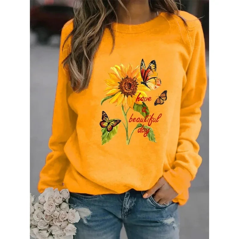 New  Long-sleeved Sunflower Butterfly Print Casual Round Neck Head Round Neck European Hoodie Woman Sweatshirt  Clothes