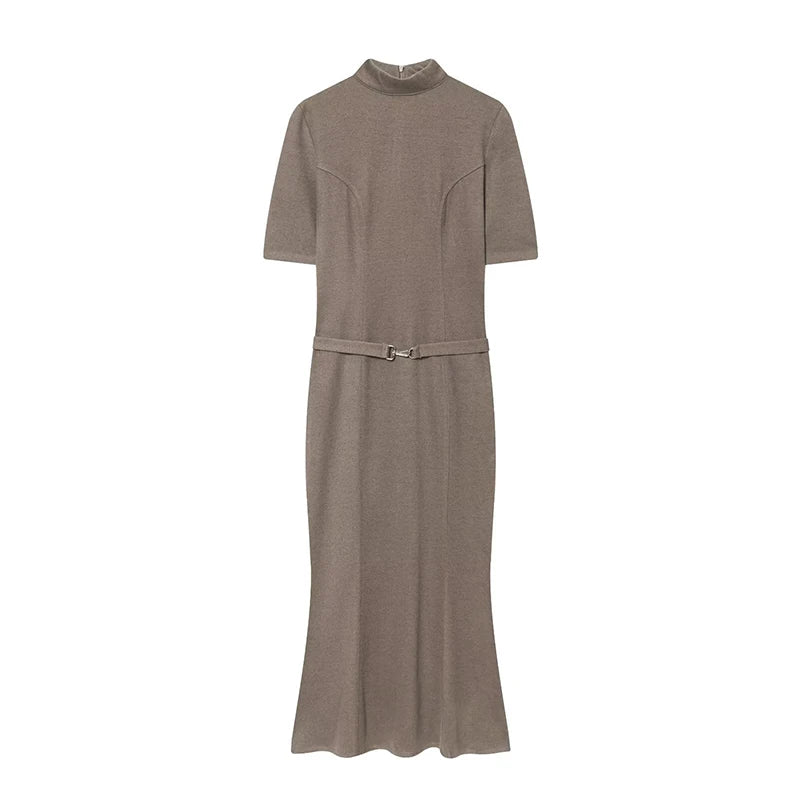 Woman Elegant Dress 2025 New Fashion With Belt Soft Women's Dresses Autumn Winter Dress Short Sleeve Stand Collar Casual Dress ﻿