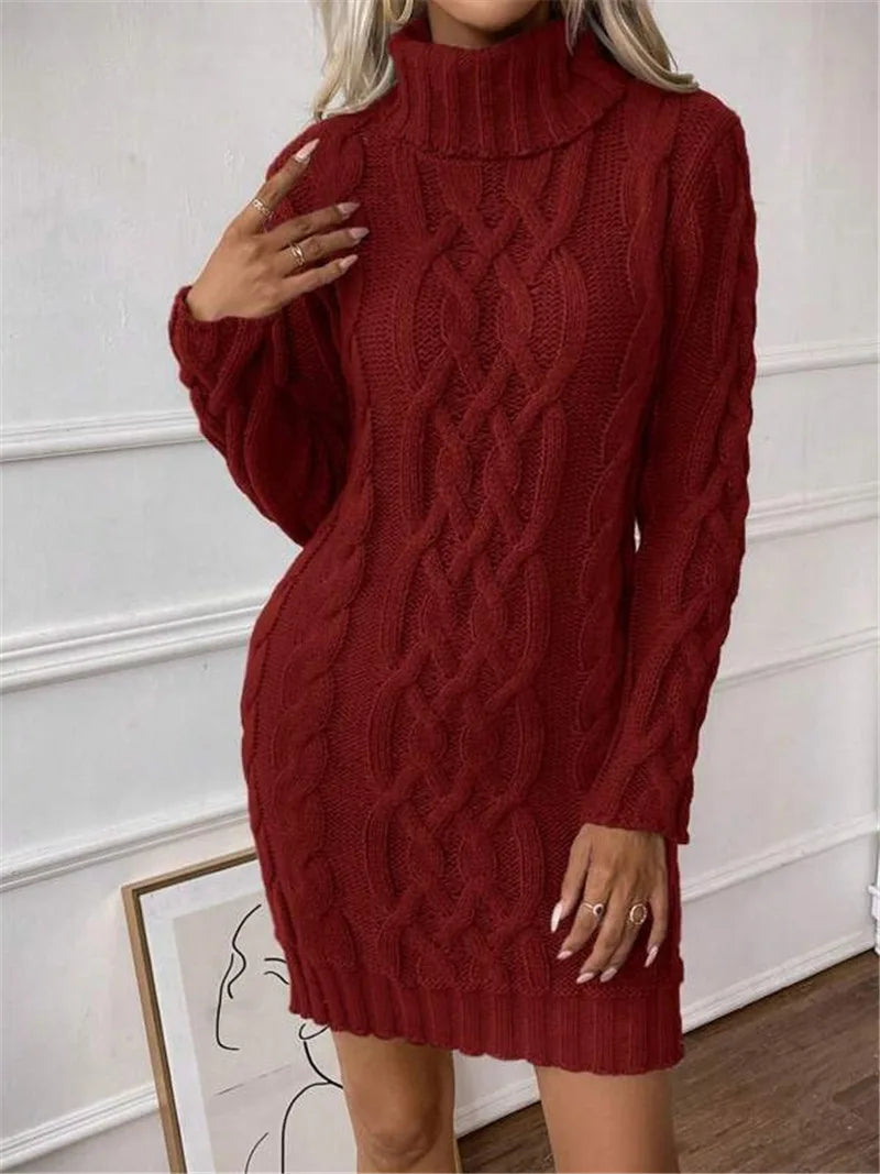 Winter Clothes Woman Pulls Femmes High Neck Vestidos Slim Fit Sweater Knitted Long Sleeve Dress All-match Simple Style Commuting