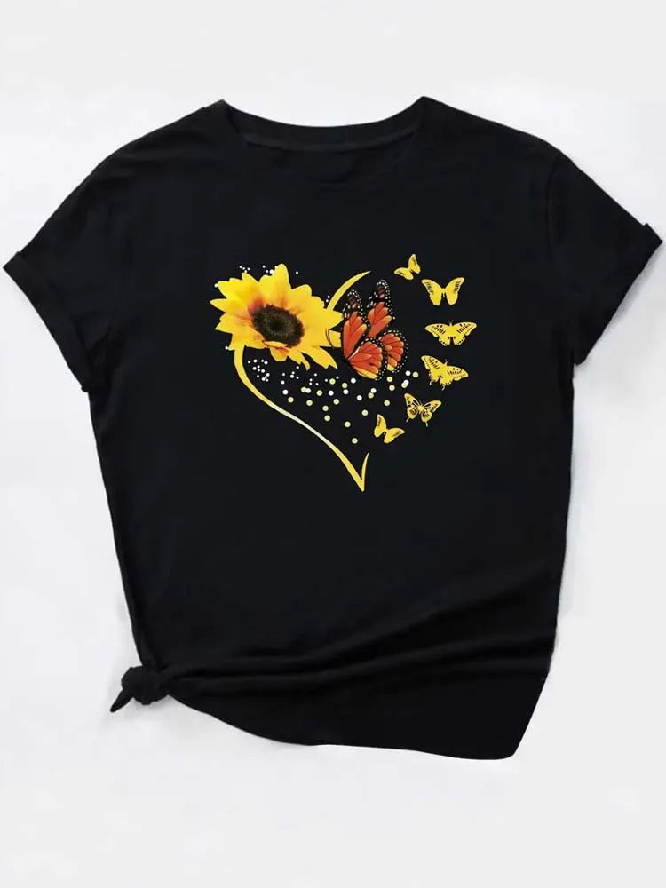 Women's Sunflower Butterfly Print T-Shirt Summer Casual Crew Neck Short Sleeve Female Tops Tees Fashion Women T-shirt
