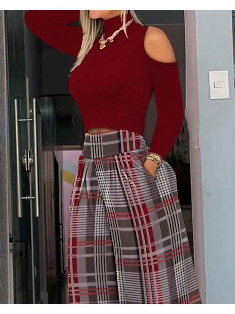 Casual Holiday Outfits For Women Cold Shoulder Top & Plaid Print Wide Leg Pants Set 2025 New High Waist Suits Woman Clothing