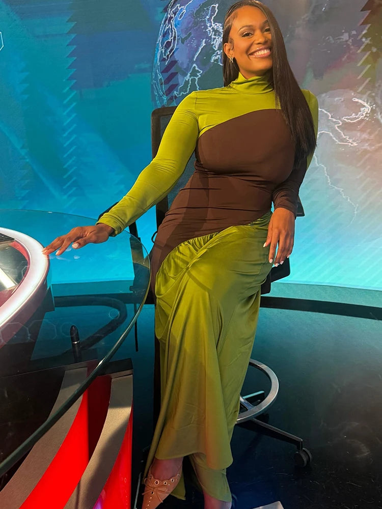 Whatiwear Autumn New Style Dress Woman Contrast Design Turtleneck Full Sleeve Skinny Stretch Street Fashion Elegant Long Bodycon