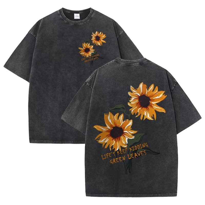 Life Good Beautiful Sunflower Print Washed Plus Size T Shirts Women Soft Cotton T-Shirt Street Short Sleeve Summer Casual Tops