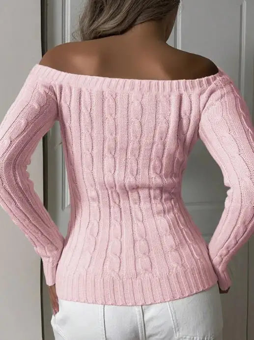 Women's Clothing 2025 Autumn and Winter Fashion Simple Off Shoulder Long Sleeved Sweater Woven with Sexy Tight and Elegant Top