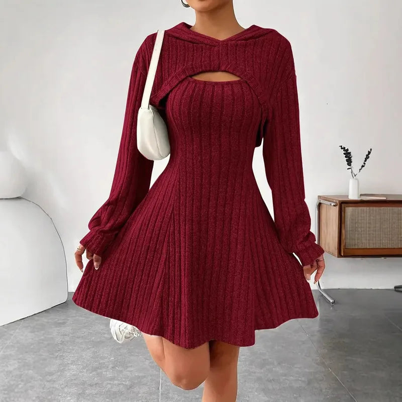 Woman Clothing Set Long Sleeved Hooded Top And Sleeveless Square Neck A-line Vest Dress