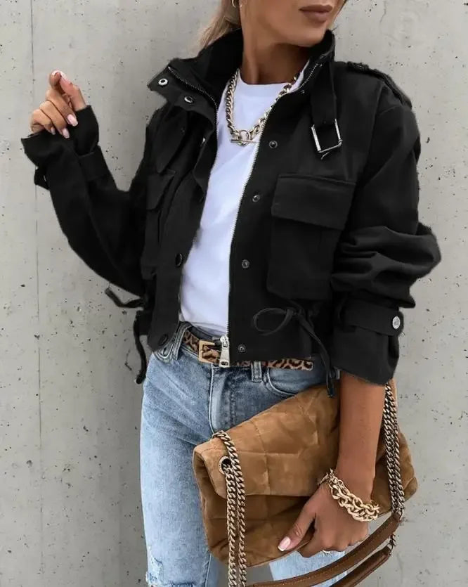 Woman Jacket Clothing Streetwear  Elegant Slim Round Neck Solid Pocket Button Design Long Sleeve Workwear Coats 2023 Autumn