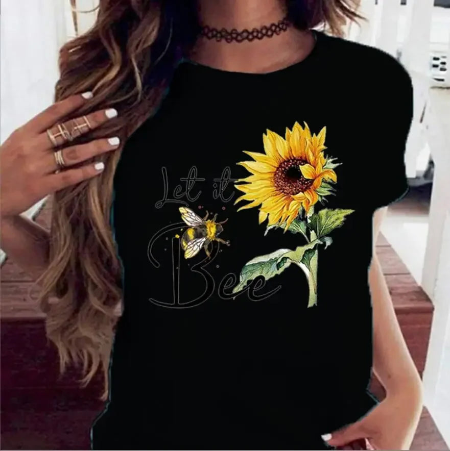 Sunflower Love Printed Summer T-Shirt Loose Fit Oversized Top for Men And Women Kawaii Polyester Fiber Short Sleeve Casual Wear
