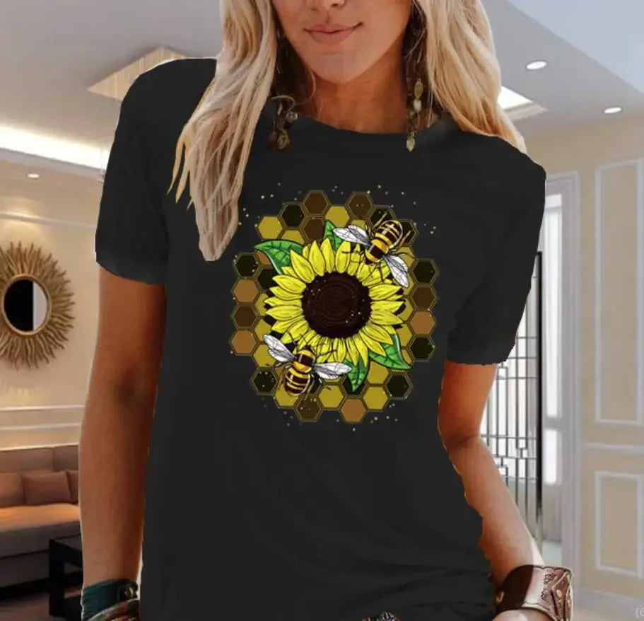 Sunflower Love Printed Summer T-Shirt Loose Fit Oversized Top for Men And Women Kawaii Polyester Fiber Short Sleeve Casual Wear