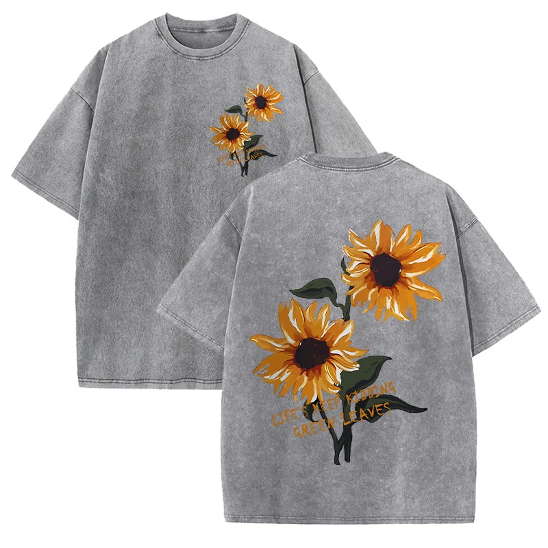 Life Good Beautiful Sunflower Print Washed Plus Size T Shirts Women Soft Cotton T-Shirt Street Short Sleeve Summer Casual Tops