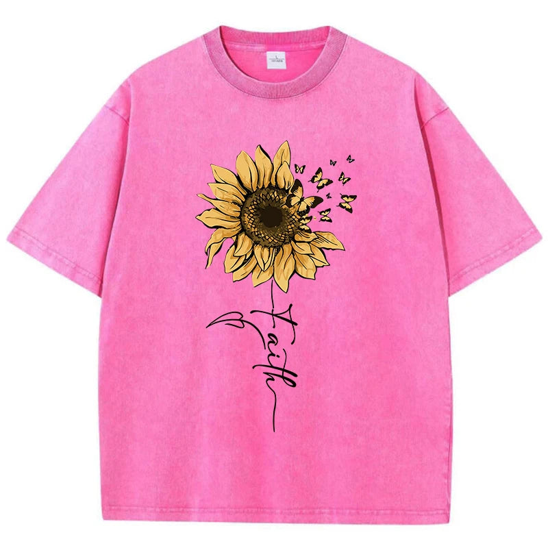Sunflower And Butterfly Cotton Washed T-Shirt Women Prints Tops Summer O-Neck Oversized T Shirts Vintage Black Woman Clothes