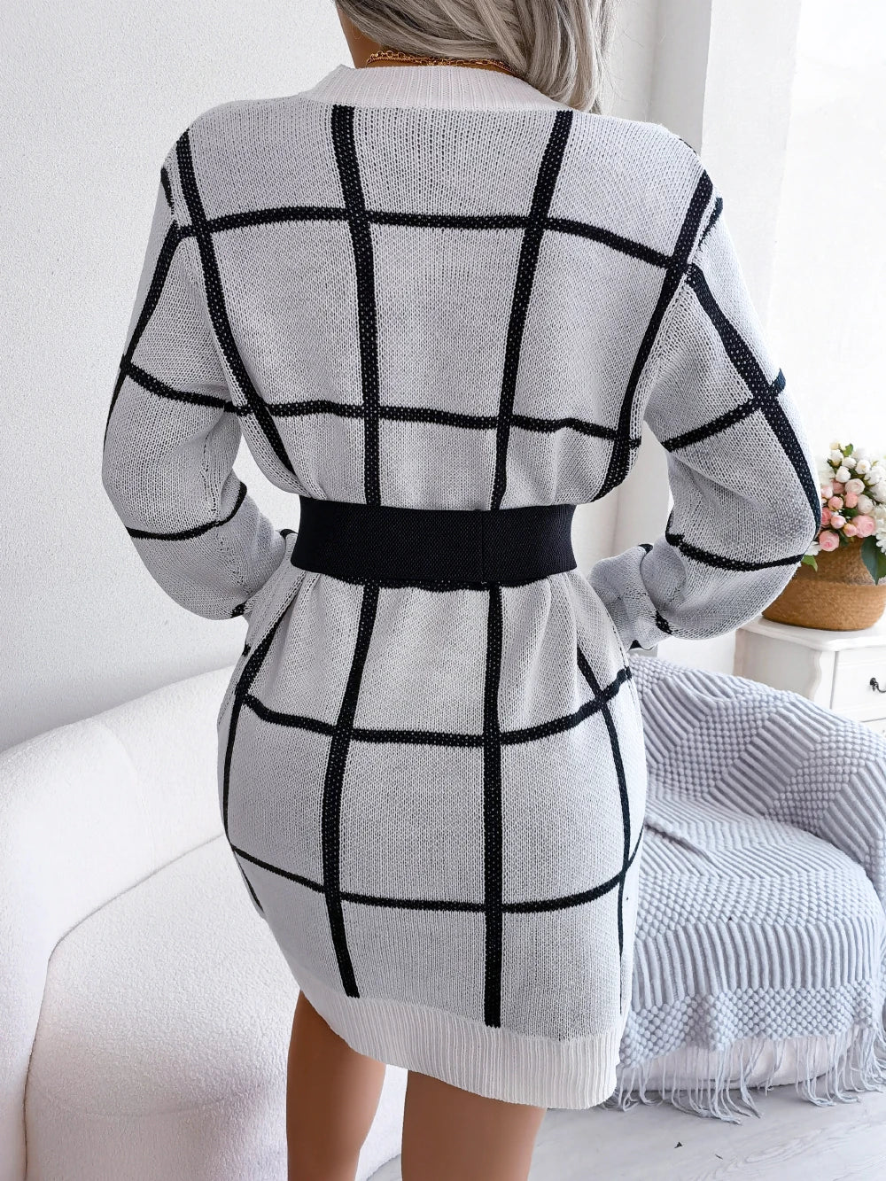 Women Casual Plaid Long Sleeve Knitted Sweater Dress 2026 Autumn Winter Elegant Dress Without The Belt Fashion Woman Clothing