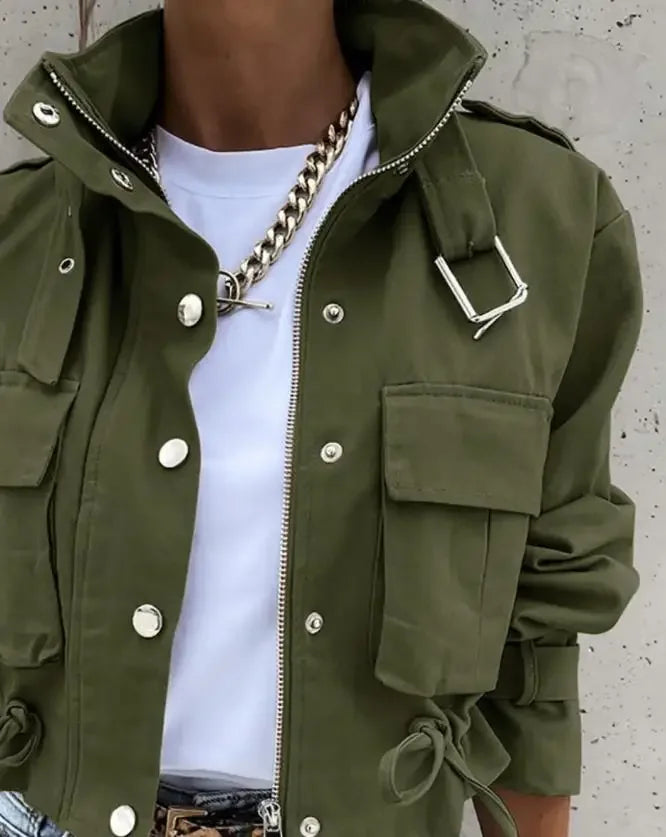 Woman Jacket Clothing Streetwear  Elegant Slim Round Neck Solid Pocket Button Design Long Sleeve Workwear Coats 2023 Autumn