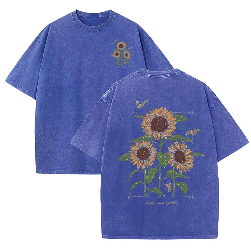 Life Good Beautiful Sunflower Print Washed Plus Size T Shirts Women Soft Cotton T-Shirt Street Short Sleeve Summer Casual Tops