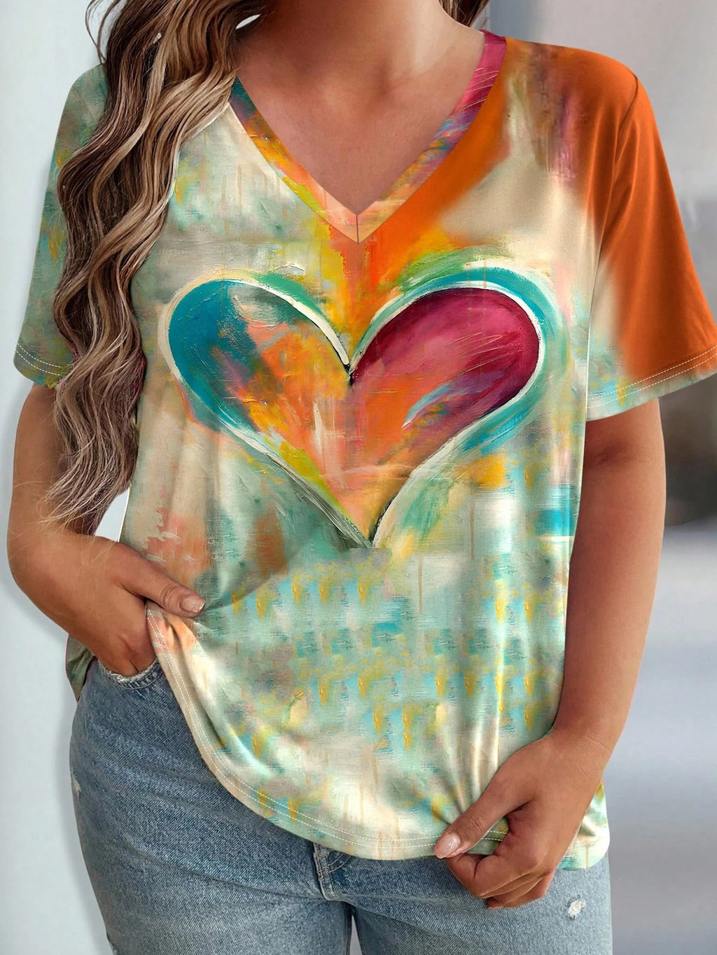 Plus Size Floral Design Pattern Printed T-shirts Summer Fashionable High Quality Short Sleeved Casual Sports V-Neck Pullover Top