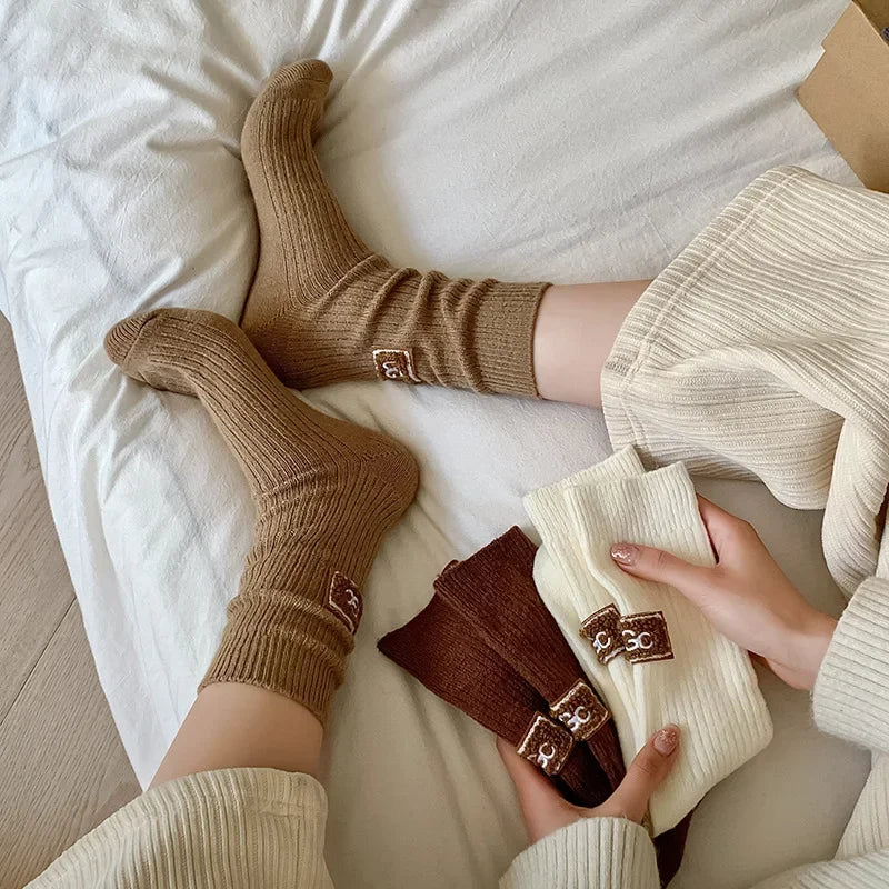 Winter Cozy Thickened Pile Socks Mid Calf Length Casual Cotton Soft Keep Warm Knitted Snow Boot Footwear Print Hosiery Носки