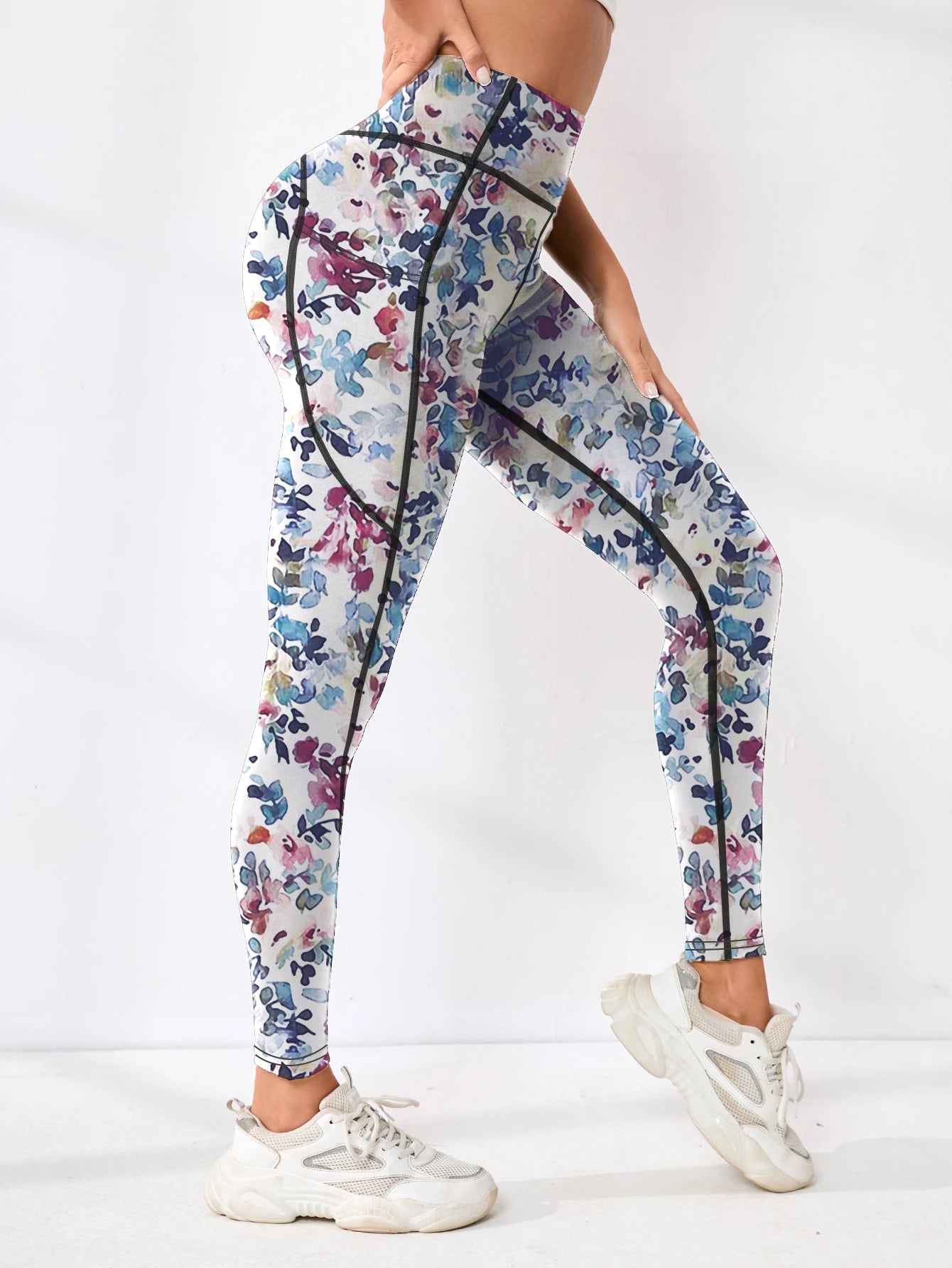 Printed women's high waistband pocket fitness pants paired with tight abdominal yoga pants, suitable for running, hiking, and sp