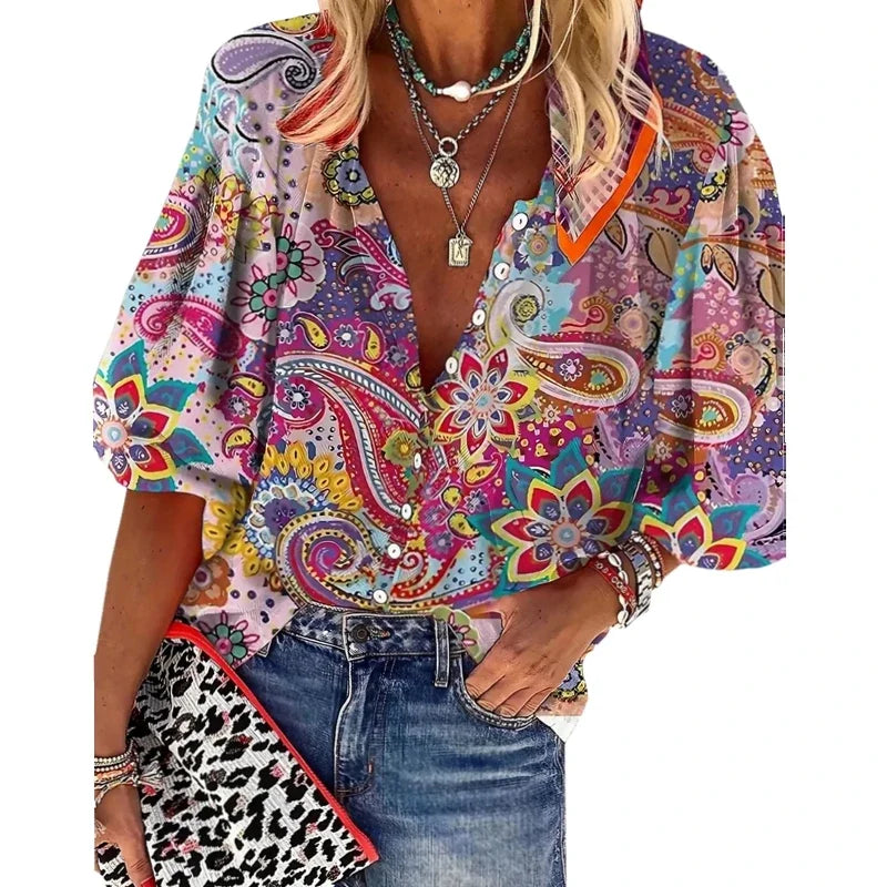 Plus Size 1XL-5XL Women Fashion  Floral Print Turndown Collar Shirt Casual Elegant Blouse Long Sleeve Shirt