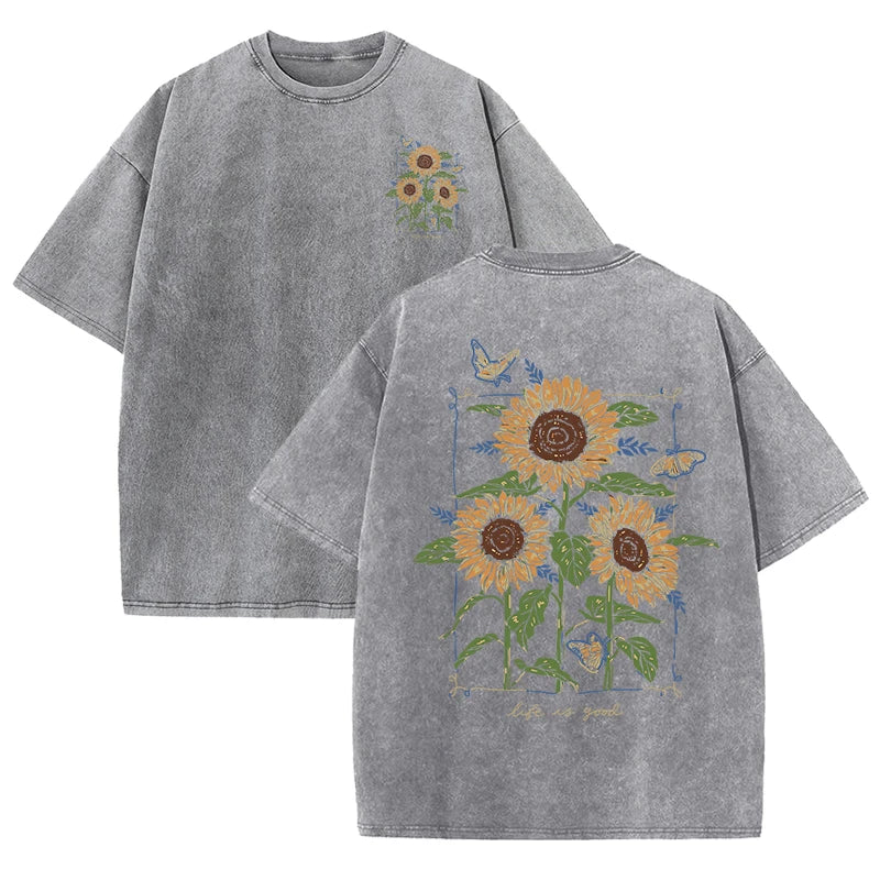 Life Good Beautiful Sunflower Print Washed Plus Size T Shirts Women Soft Cotton T-Shirt Street Short Sleeve Summer Casual Tops