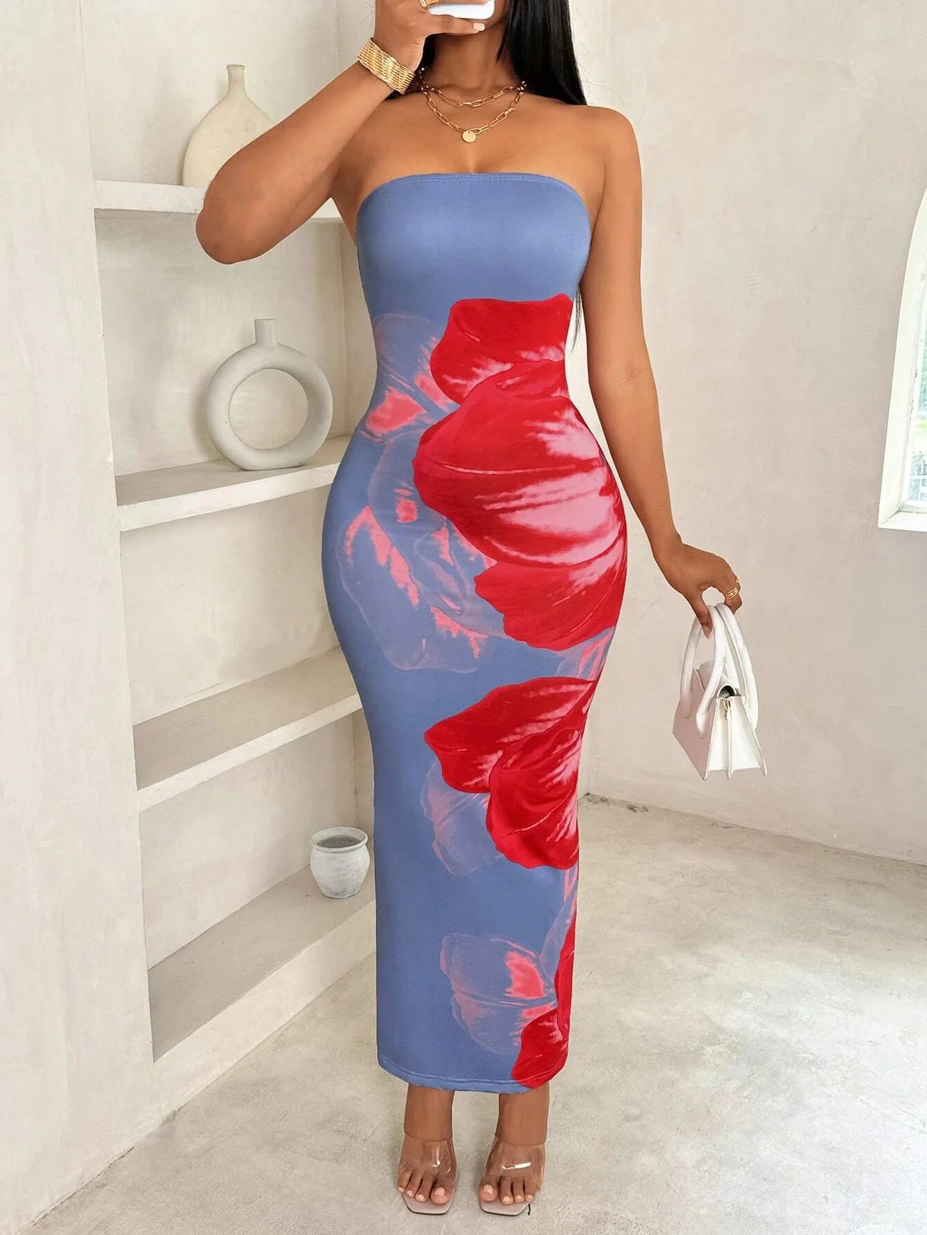 Elegant Fashionable Printed Long Dress New Summer Women's Sexy Slim Fit Chest Wrapped Off Shoulder Casual Dress