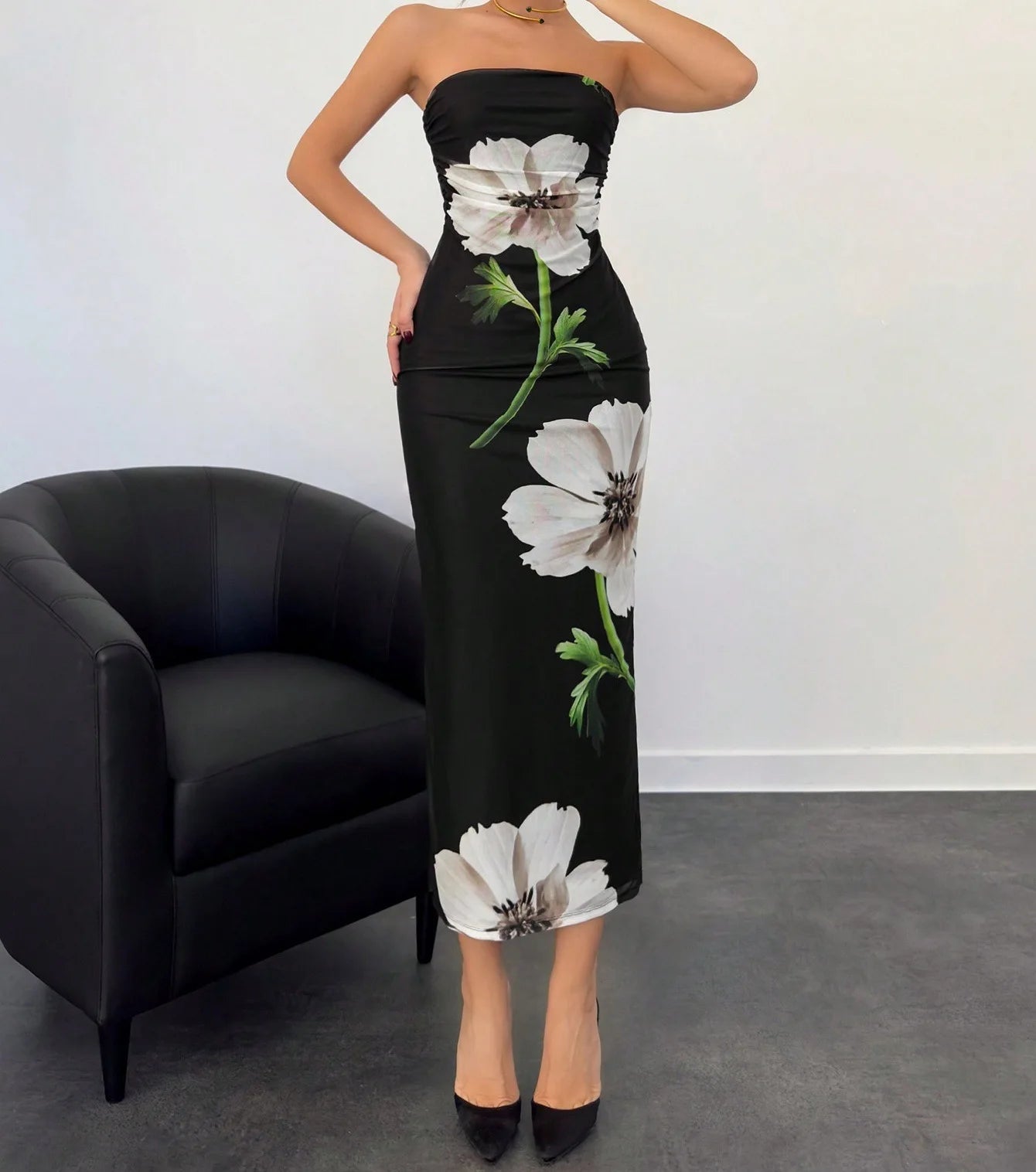 Elegant Fashionable Printed Long Dress New Summer Women's Sexy Slim Fit Chest Wrapped Off Shoulder Casual Dress