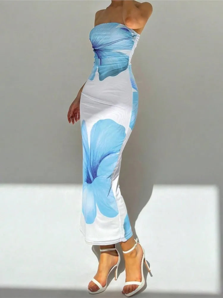 Elegant Fashionable Printed Long Dress New Summer Women's Sexy Slim Fit Chest Wrapped Off Shoulder Casual Dress
