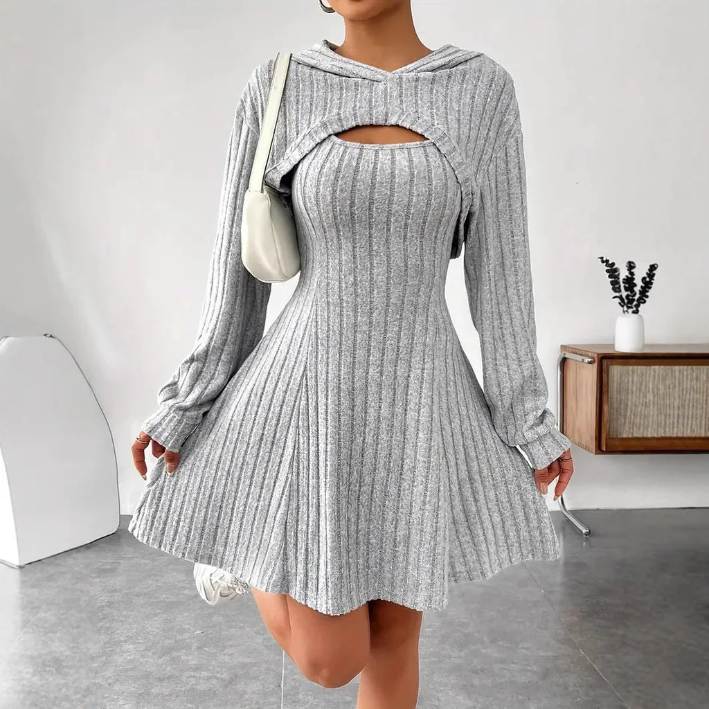 Woman Clothing Set Long Sleeved Hooded Top And Sleeveless Square Neck A-line Vest Dress