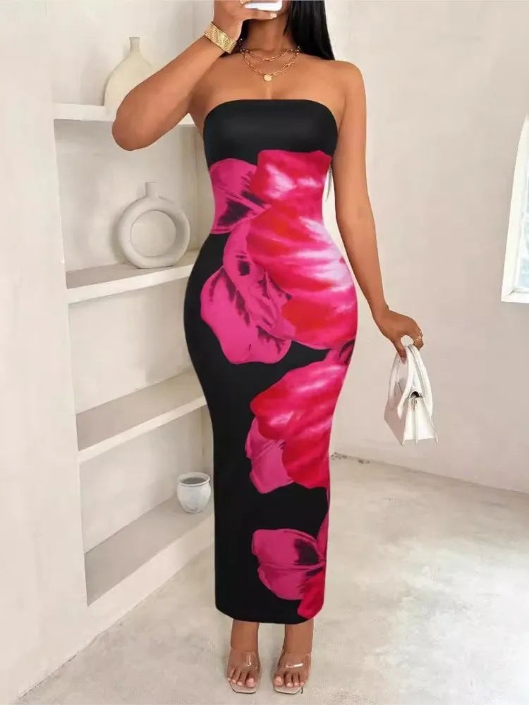 Elegant Fashionable Printed Long Dress New Summer Women's Sexy Slim Fit Chest Wrapped Off Shoulder Casual Dress