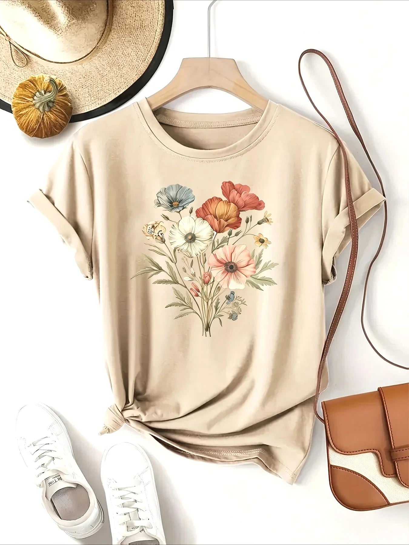 Plus Size Floral Fashion Tee Breathable Women's Casual Fashion T-Shirt Crew Neck Short Sleeve Colorful Floral Women Fashion Tee