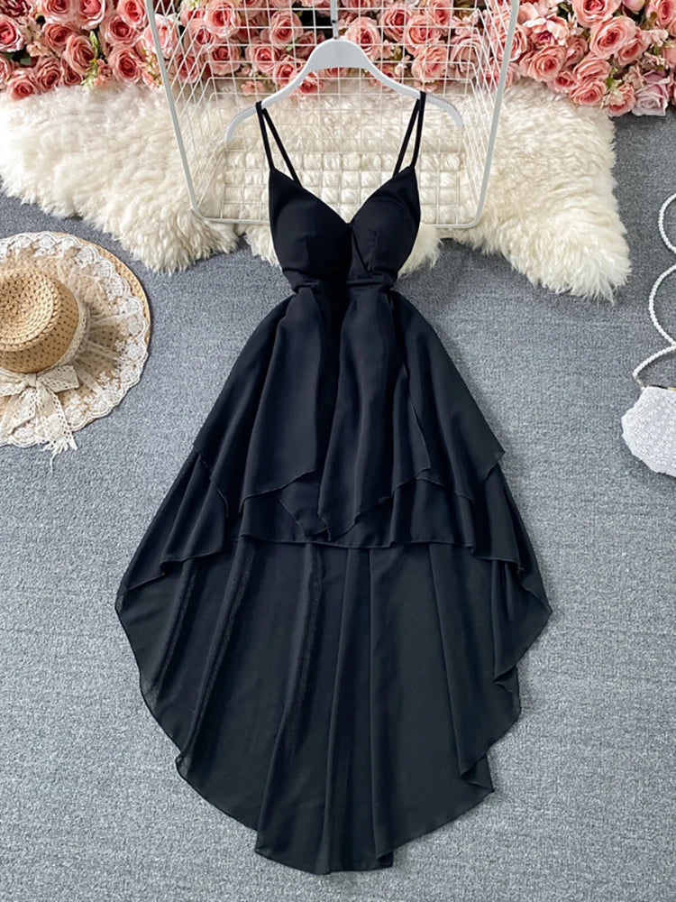 Summer Black/White Irregular Spaghetti Strap Long Dress Women Sexy Strapless High Waist Ruffle Open Back Vestidos 2021 New Robe