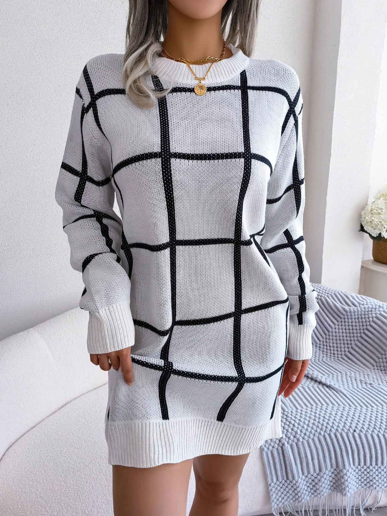 Women Casual Plaid Long Sleeve Knitted Sweater Dress 2026 Autumn Winter Elegant Dress Without The Belt Fashion Woman Clothing