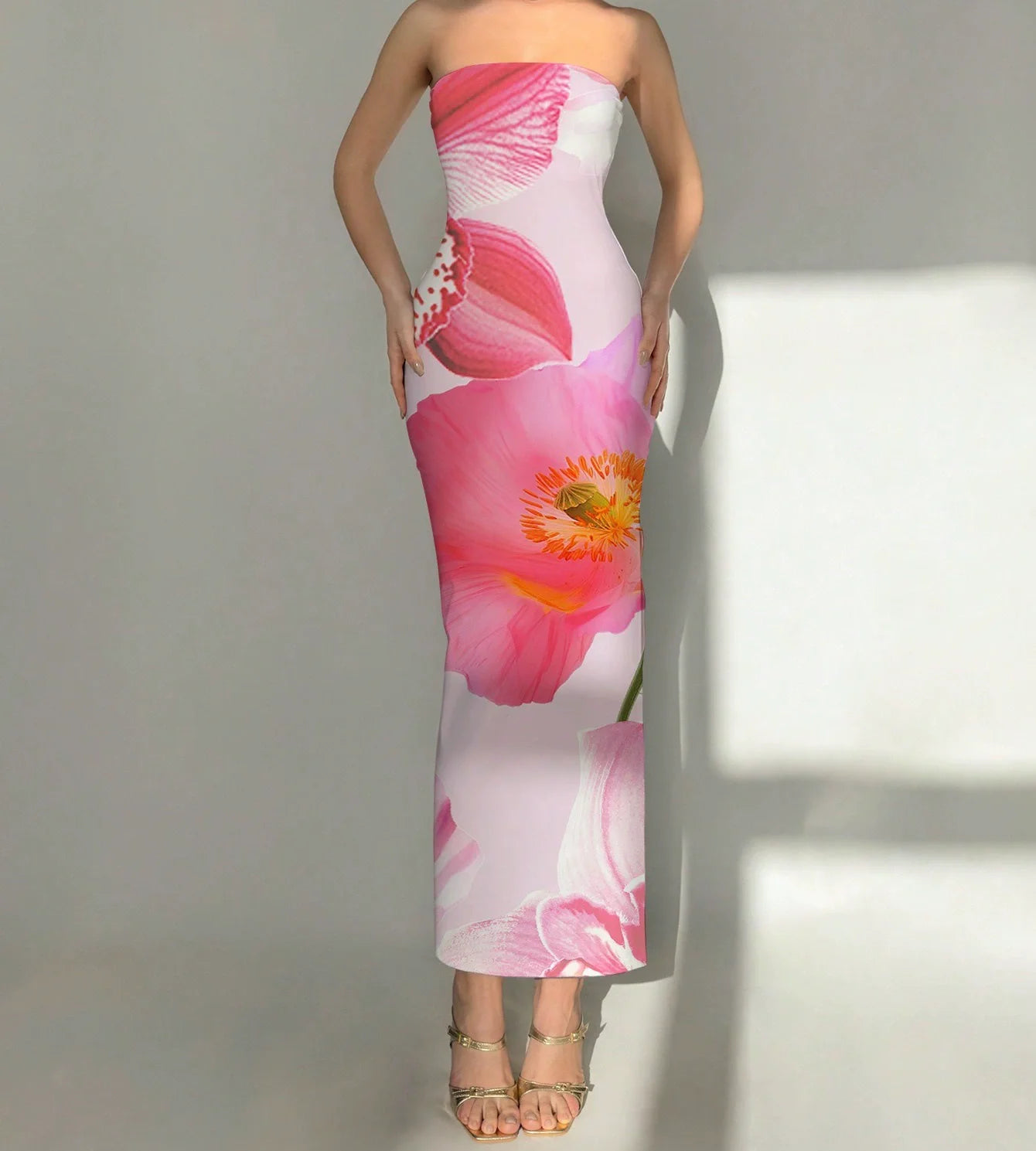 Elegant Fashionable Printed Long Dress New Summer Women's Sexy Slim Fit Chest Wrapped Off Shoulder Casual Dress